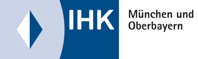 Abbildung Logo weiß-blaue raute in einem blauem Rechteck mit der Beschriftung der IHK München und Oberbayern
