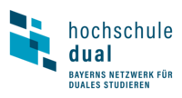 Abbildung Logo mit fünf blauen Quadraten und blauer Beschriftung der Hochschule Dual